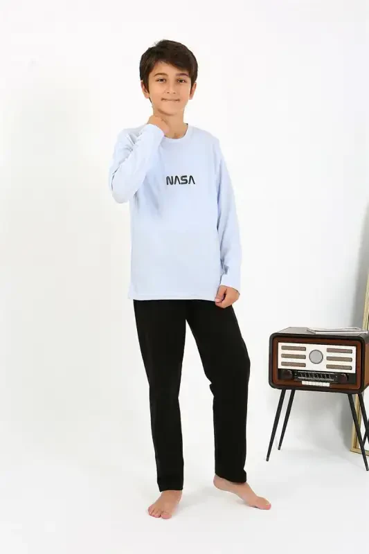 Akbeniz Boys' Long Sleeve Knitted Pajamas Set 20437 Ice Blue - 1