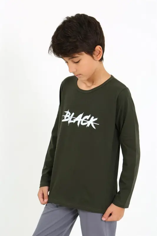 Akbeniz Boys Long Sleeve Knitted Pajamas Set 20437 Khaki - 1