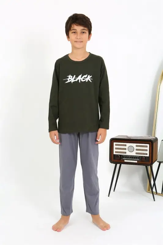 Akbeniz Boys Long Sleeve Knitted Pajamas Set 20437 Khaki - 7