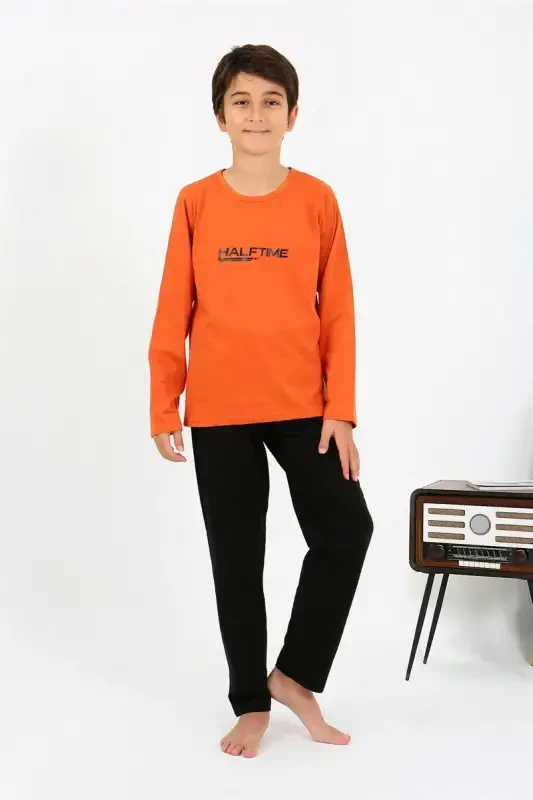 Akbeniz Boys' Long Sleeve Knitted Pajamas Set 20437 Orange - 3