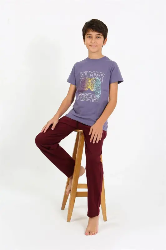 Akbeniz Boys Short Sleeve Knitted Pajamas Set 20758 Purple - 1