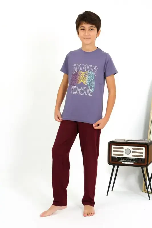 Akbeniz Boys Short Sleeve Knitted Pajamas Set 20758 Purple - 2