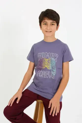 Akbeniz Boys Short Sleeve Knitted Pajamas Set 20758 Purple - 6