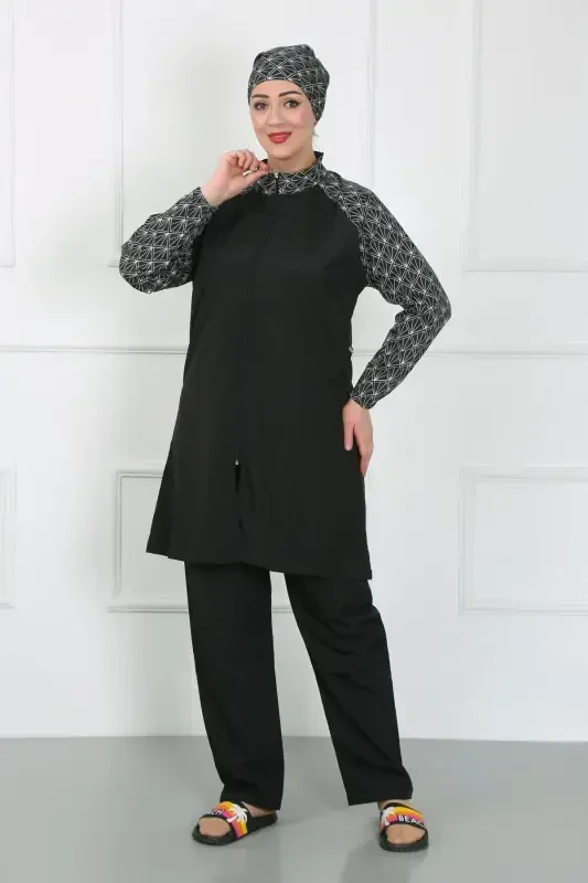Akbeniz Büyük Beden Desenli Tesettür Mayo Siyah 44030 - 1