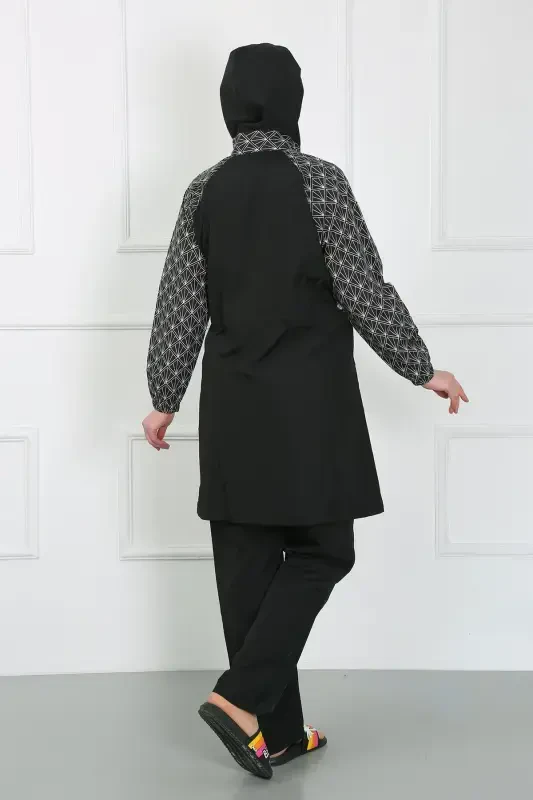 Akbeniz Büyük Beden Desenli Tesettür Mayo Siyah 44030 - 4