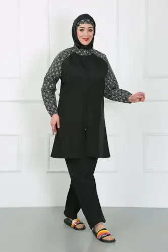 Akbeniz Büyük Beden Desenli Tesettür Mayo Siyah 44030 - 5