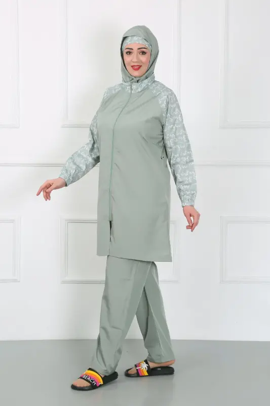 Akbeniz Büyük Beden Desenli Tesettür Mayo Su Yeşili 44030 - 6
