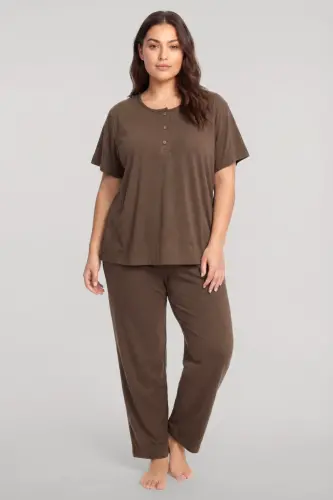 Akbeniz Büyük Beden Düğmeli Kısa Kollu Pijama Takımı Kahverengi - 1