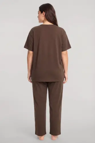 Akbeniz Büyük Beden Düğmeli Kısa Kollu Pijama Takımı Kahverengi - 3
