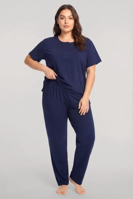 Akbeniz Büyük Beden Düğmeli Kısa Kollu Pijama Takımı Lacivert - BÜYÜKBEDENIZ