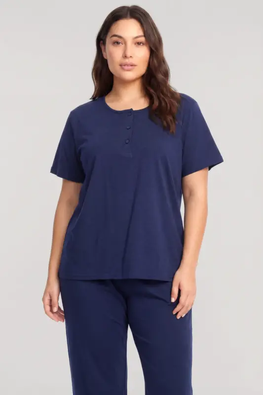Akbeniz Büyük Beden Düğmeli Kısa Kollu Pijama Takımı Lacivert - 3