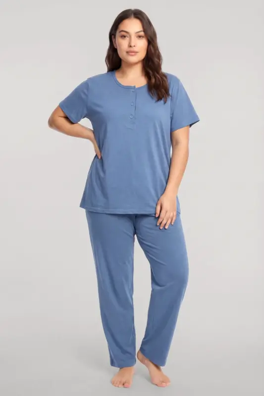 Akbeniz Büyük Beden Düğmeli Kısa Kollu Pijama Takımı Mavi - BÜYÜKBEDENIZ