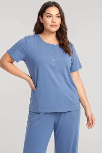 Akbeniz Büyük Beden Düğmeli Kısa Kollu Pijama Takımı Mavi - BÜYÜKBEDENIZ (1)