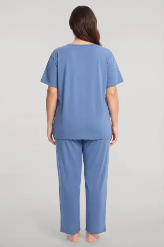 Akbeniz Büyük Beden Düğmeli Kısa Kollu Pijama Takımı Mavi - 4