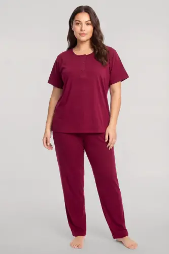 Akbeniz Büyük Beden Düğmeli Kısa Kollu Pijama Takımı Vişne - 1