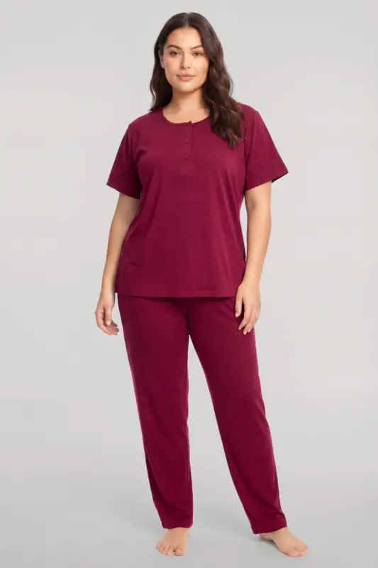 Akbeniz Büyük Beden Düğmeli Kısa Kollu Pijama Takımı Vişne - BÜYÜKBEDENIZ