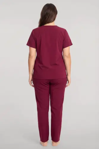 Akbeniz Büyük Beden Düğmeli Kısa Kollu Pijama Takımı Vişne - 4
