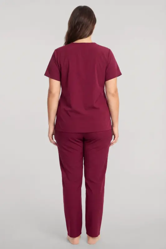 Akbeniz Büyük Beden Düğmeli Kısa Kollu Pijama Takımı Vişne - 4