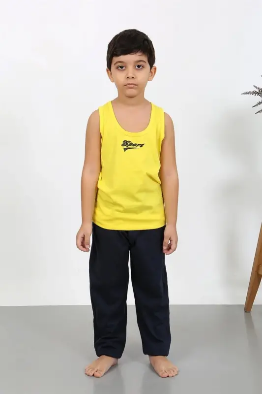 Akbeniz Erkak bolalar uchun yengsiz trikotaj pijama to'plami sariq 20439 - 3