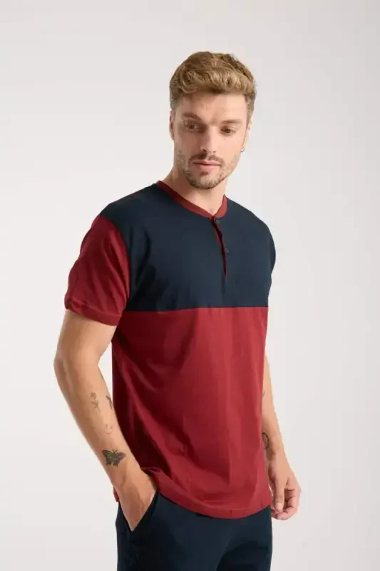 Akbeniz Erkak Bordo Tugmali Yoqali Qisqa Yengli Pijama To'plami - 7