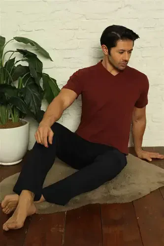 Akbeniz Erkak Bordo V Yoqali 3'li Pijama To'plami 6822 - 4