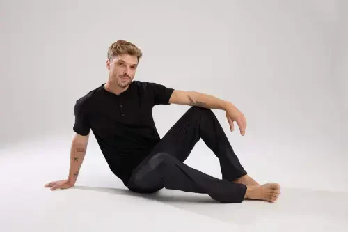 Akbeniz Erkak Fumye Tugmali Yoqa Qisqa Qol Pijama Takimi - 9