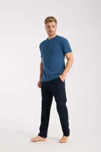 Akbeniz Erkak Indigo Tugmali Yoqali Qisqa Yengli Pijama To'plami - 1