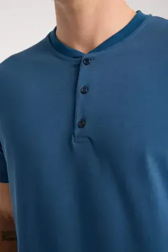 Akbeniz Erkak Indigo Tugmali Yoqali Qisqa Yengli Pijama To'plami - 8