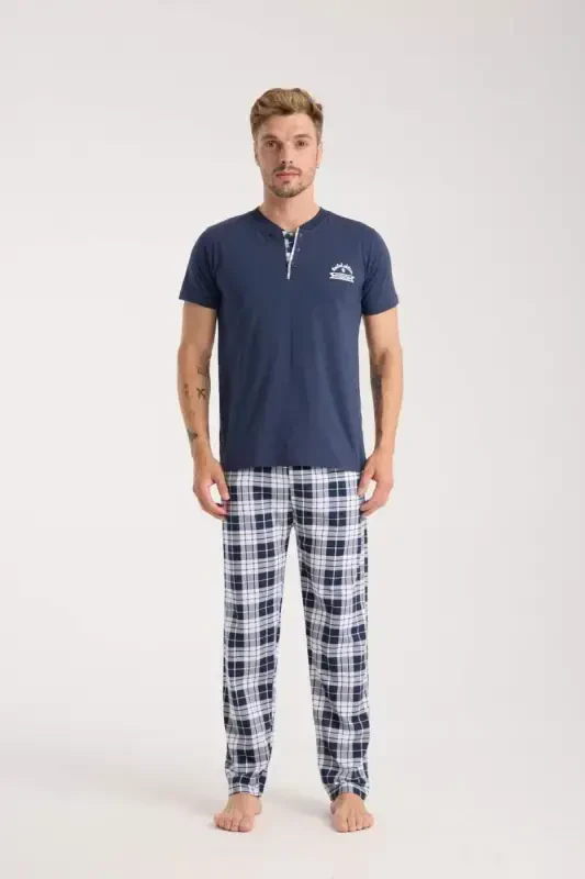 Akbeniz Erkak Ko'k tugmali yoqali qisqa yengli pijama to'plami - 5