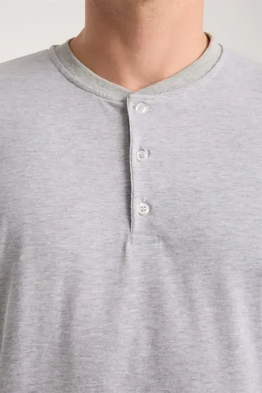 Akbeniz Erkak Kulrang Tugmali Yoqali Qisqa Yengli Pijama To'plami - 8