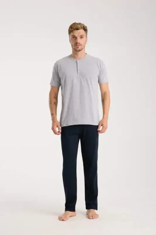 Akbeniz Erkak Kulrang Tugmali Yoqali Qisqa Yengli Pijama To'plami - 3