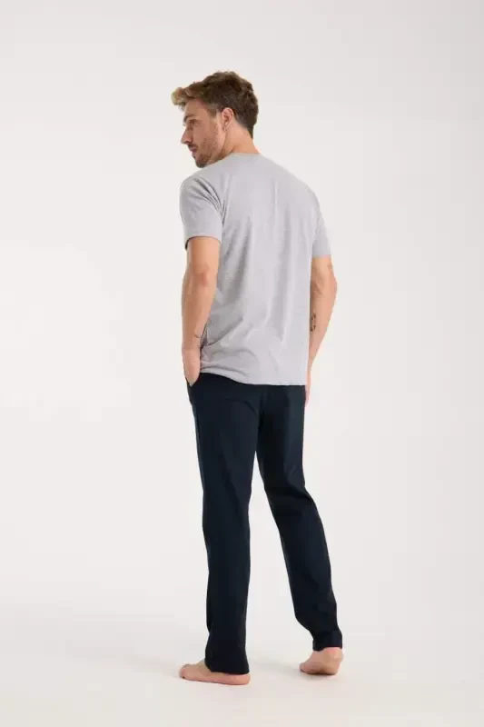 Akbeniz Erkak Kulrang Tugmali Yoqali Qisqa Yengli Pijama To'plami - 4