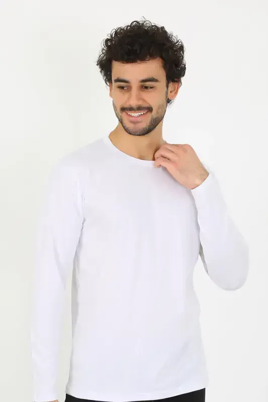 Akbeniz Erkak Nol Yoq Uzun Qo'l Oq Futbolka 6590 - 1