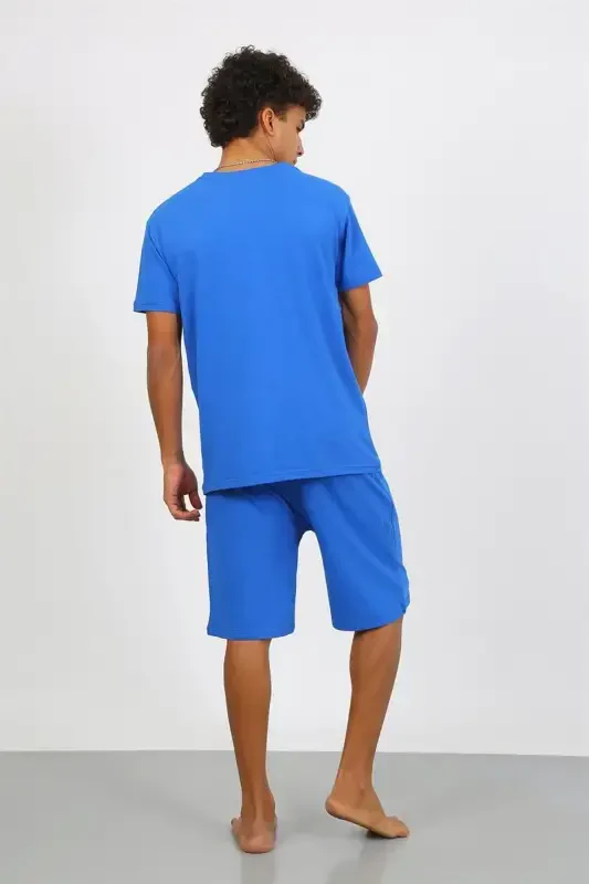 Akbeniz Erkak Paxta Lakost Pastki Va Yuqori Kaprili Pijama To'plami Saks 6872 - 4