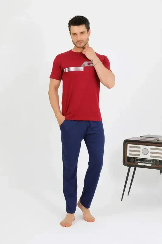 Akbeniz Erkak Paxta Qisqa Qisma Pijama To'plami Bordo 6875 - 1