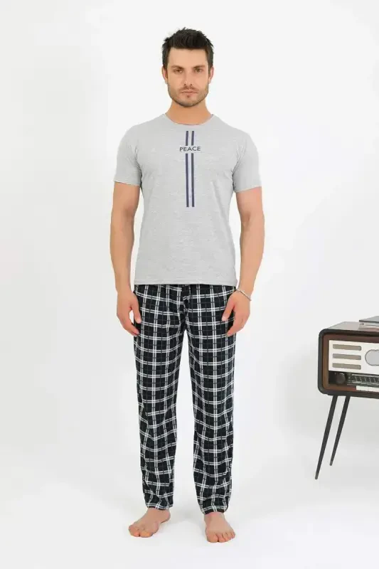 Akbeniz Erkak Paxta Qisqa Yengli Pijama To'plami Kulrang 6875 - 4