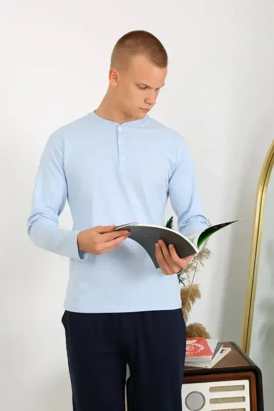 Akbeniz Erkak Penye Uzun Qol Pijama Takımı 6860 Muz Mavi - 3