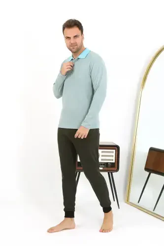 Akbeniz Erkak Polo Yaka Uzun Qol Penye Pijama Takımı 6862 Su Yashili - 3