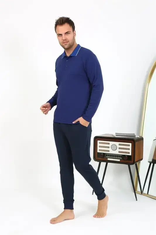 Akbeniz Erkak Polo Yoqali Uzun Qisma Paxta Pijama To'plami To'q ko'k 6865 - 3