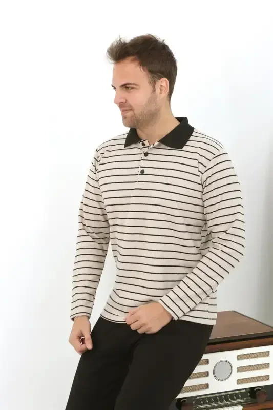 Akbeniz Erkak Polo Yoqali Uzun Qo'l Penye Pijama To'plami 6862 Krem - AKBENIZ