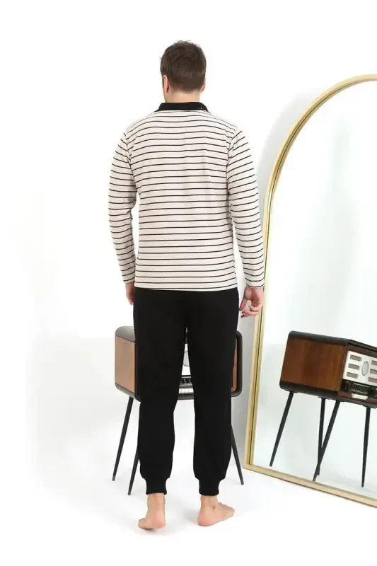 Akbeniz Erkak Polo Yoqali Uzun Qo'l Penye Pijama To'plami 6862 Krem - 6