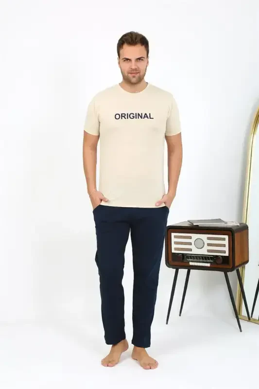 Akbeniz Erkak Qisqa Qol Penye Pijama Takimi 6867 Krem - 5