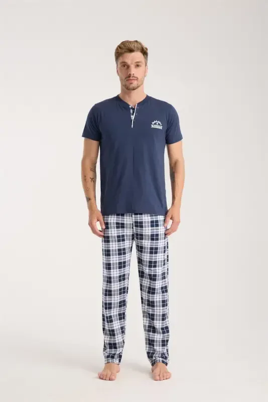 Akbeniz Erkak To'q ko'k Tugmali Yoqali Qisqa Yengli Pijama To'plami - 5