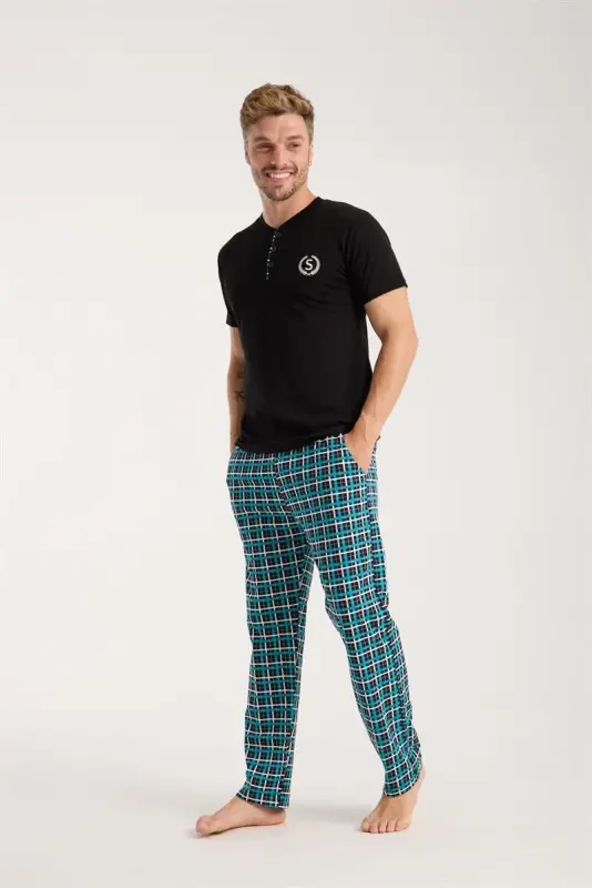 Akbeniz Erkak Tugmali Yoqali Qora Qisqa Yengli Pijama To'plami - 4