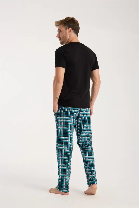 Akbeniz Erkak Tugmali Yoqali Qora Qisqa Yengli Pijama To'plami - 6