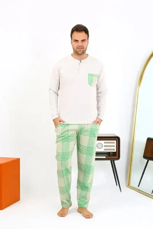 Akbeniz Erkak Uzun Qol Penye Krem Pijama Takımı 6861 - 5