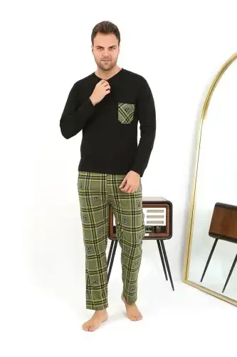 Akbeniz Erkak Uzun Qol Penye Qora Pijama To'plami 6861 
