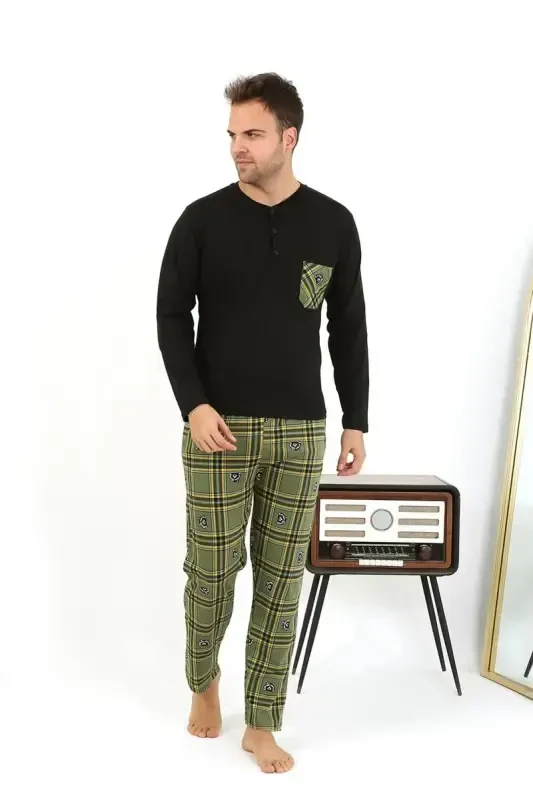 Akbeniz Erkak Uzun Qol Penye Qora Pijama To'plami 6861 - 4