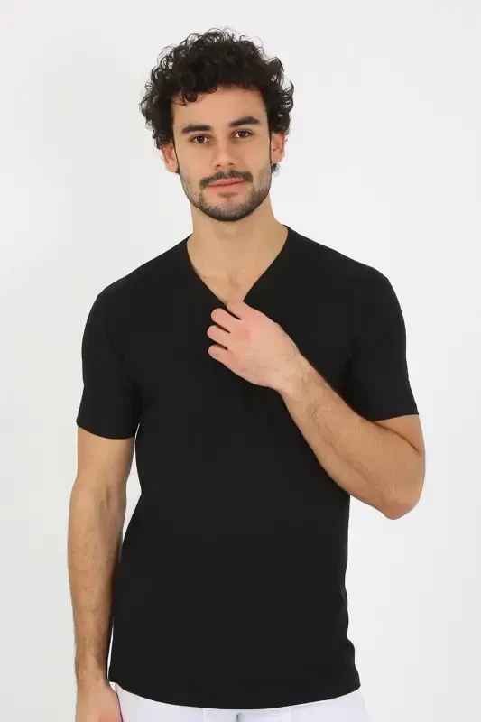 Akbeniz Erkak V Yoqa Qora Penye Atlet 6560 - 5