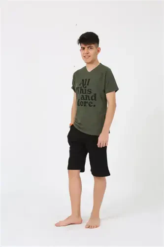 Akbeniz Erkak Yosh Ofitsiant Bola Qisqa Qisma Haki Penye Shortikli Pijama To'plami 20377 - AKBENIZ (1)